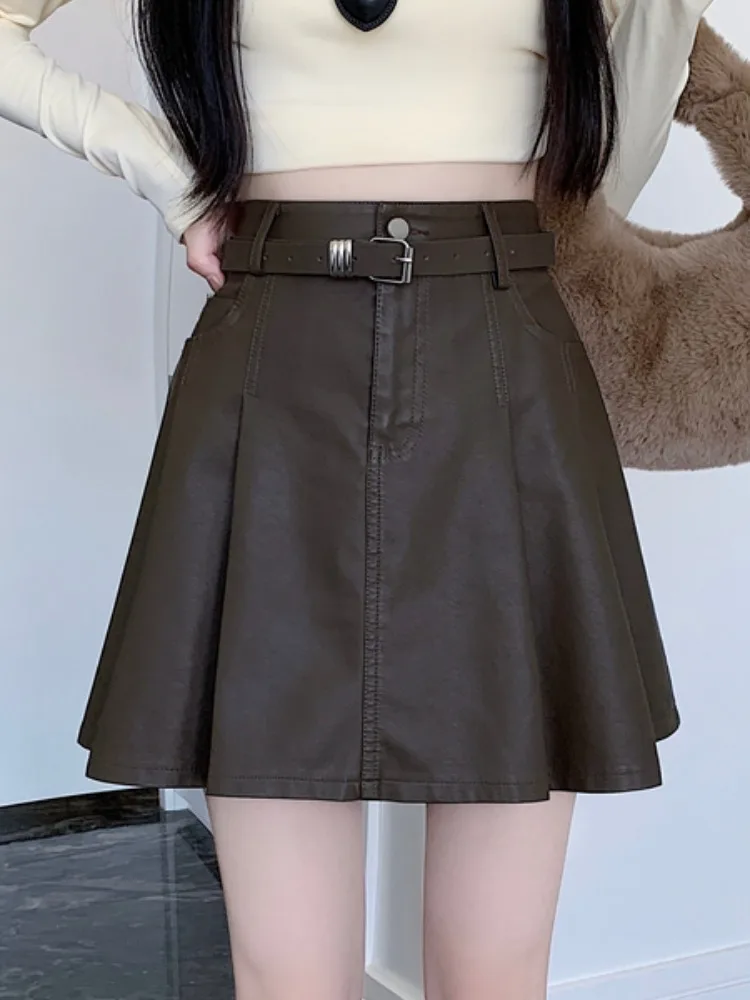 

Women's Leather Skirt A-Line Pleated High Waist Bodycon Ort Skirt Trendy PU Fabric Stand Fit Pure Color