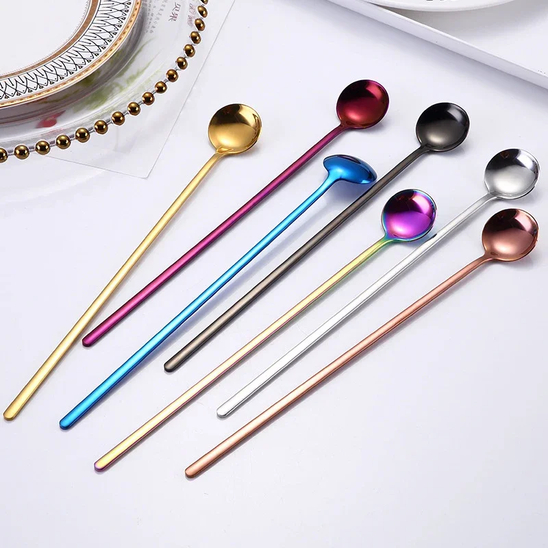 Rainbow Color Coffee Tea Stir Spoon Long Handle Ice Cream Dessert Spoons Eco-Friendly Stainless Steel Tableware Kitchen Supplies