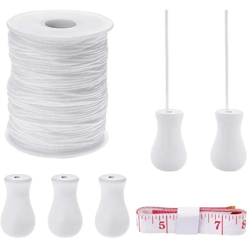 100Yards 1.5mm White Nylon Braided Lift Shade Cord, Roll Blind Replacement String with 5Pcs Wood Pendant, Blinds Cord String Kit