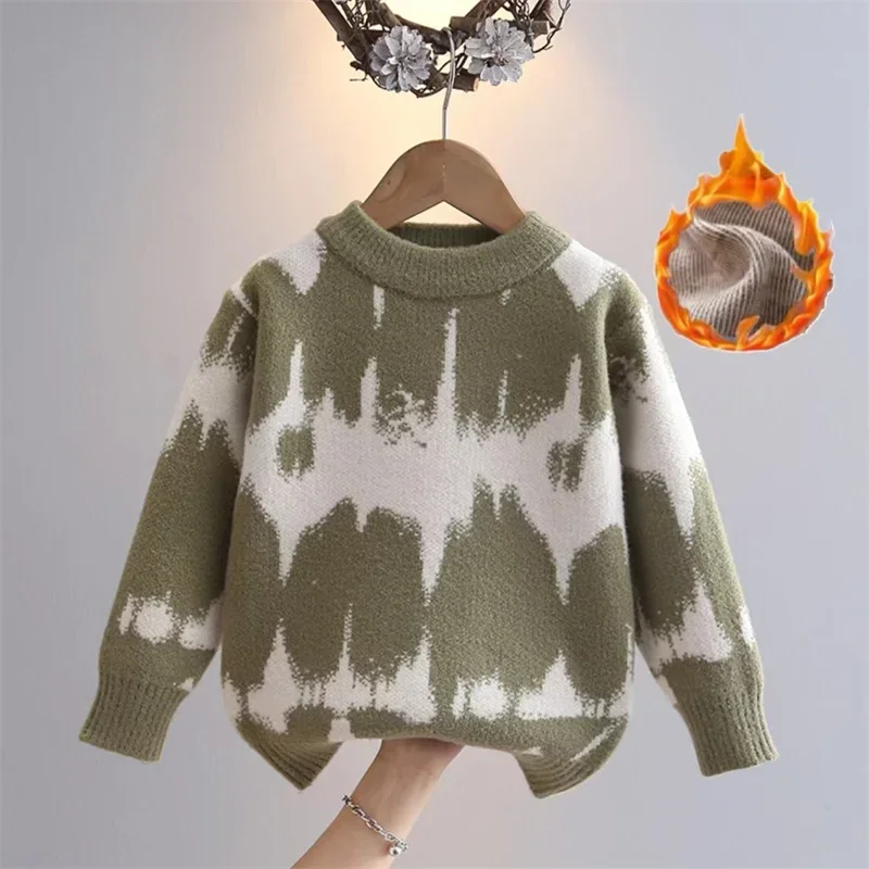 Boys Woolen Sweater Crochet Cotton Windbreak 2024 Scoop Plus Thicken Autumn Winter Pullover Warm Children's Clothing