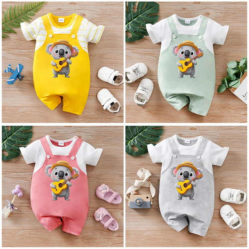 4-color newborn baby summer fake two-piece guitar koala short-sleeved round neck one-piece suit