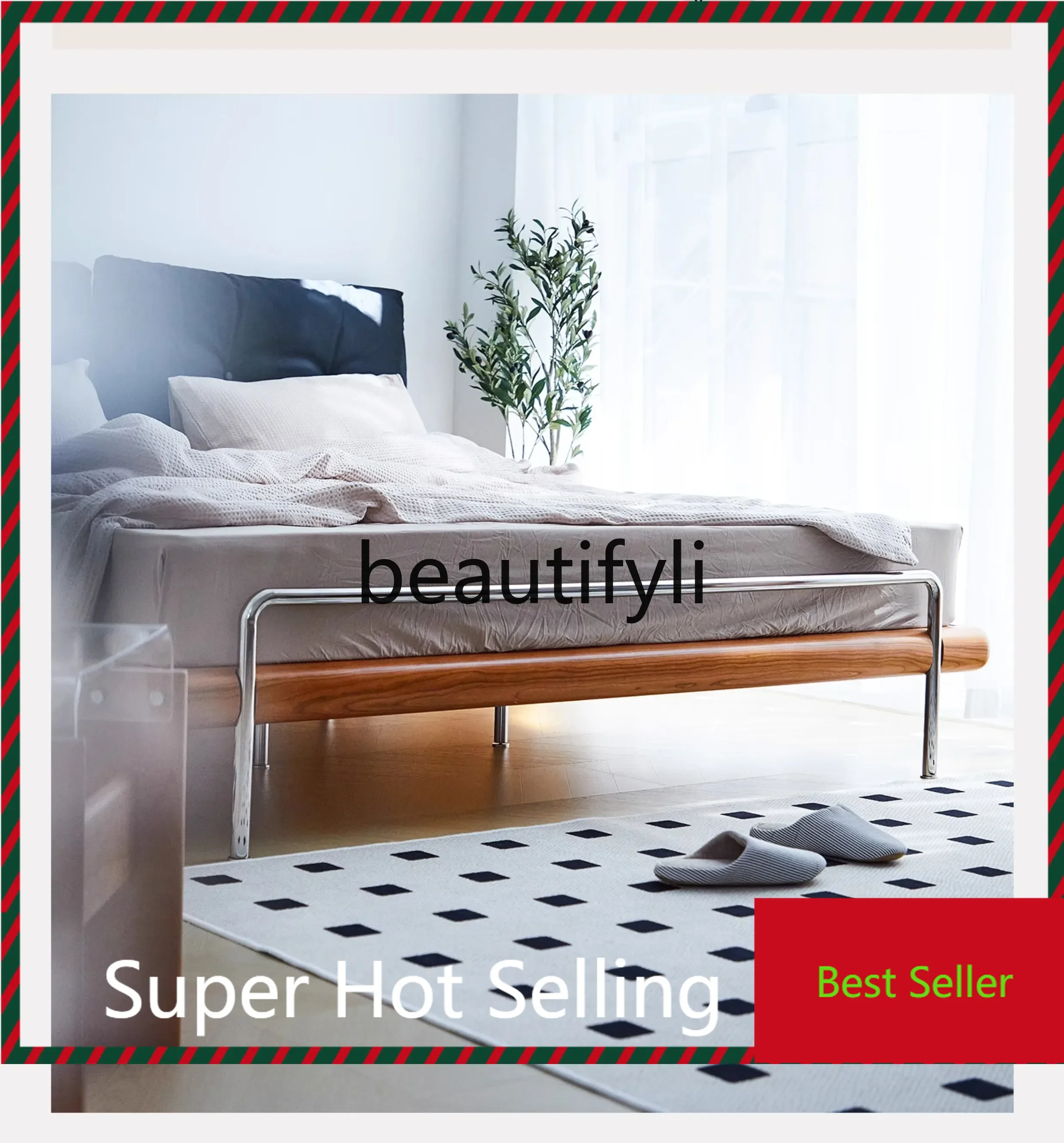 

A71 Double bedside retro medieval solid wood cherry wood bed 1.8 meters