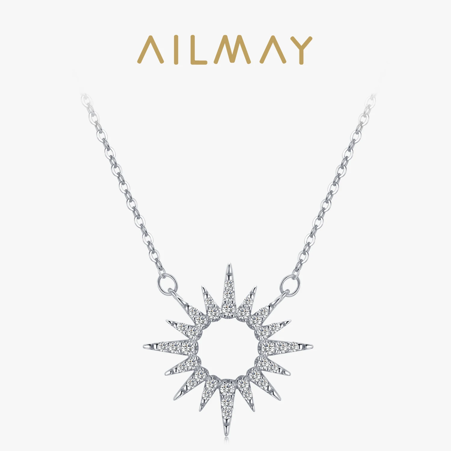 Ailmay Sparkling Clear Zircon 925 Sterling Silver Trendy Luxury Sun Pendant Necklace For Women Classic Wedding Statement Jewelry