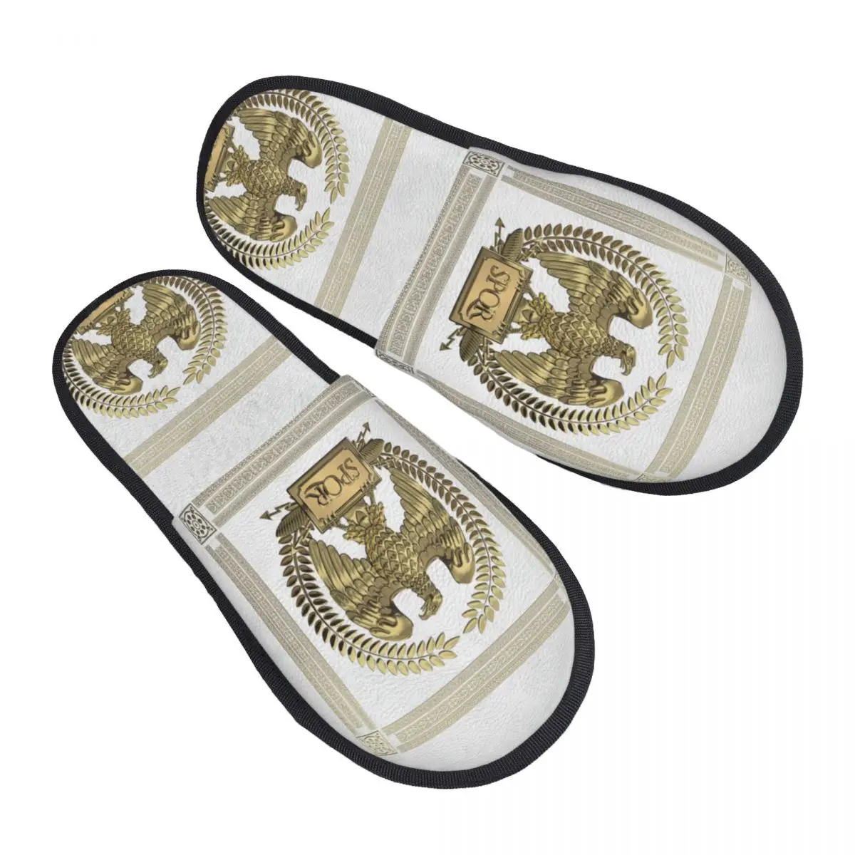 Custom Roman Empire SPQR Soft Memory Foam House Slippers Women Gold Imperial Eagle Over White Leather Cozy Warm Anti-skid Sole