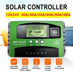 Controlador de Panel Solar de 30/40/50/60/80/100A, regulador de carga de batería de 12V/24V, regulador de cargador de Panel de celda fotovoltaica USB Dual