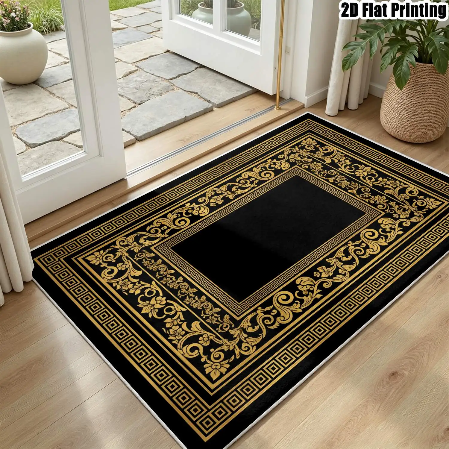 1Pc 2D Printed Velvet Carpet, Black & Gold European Retro Geometric Classic Patterns, Multi-Size, Machine Washable, for Home Decor: Entrance, Dining, Foyer, Bedroom, Living Room