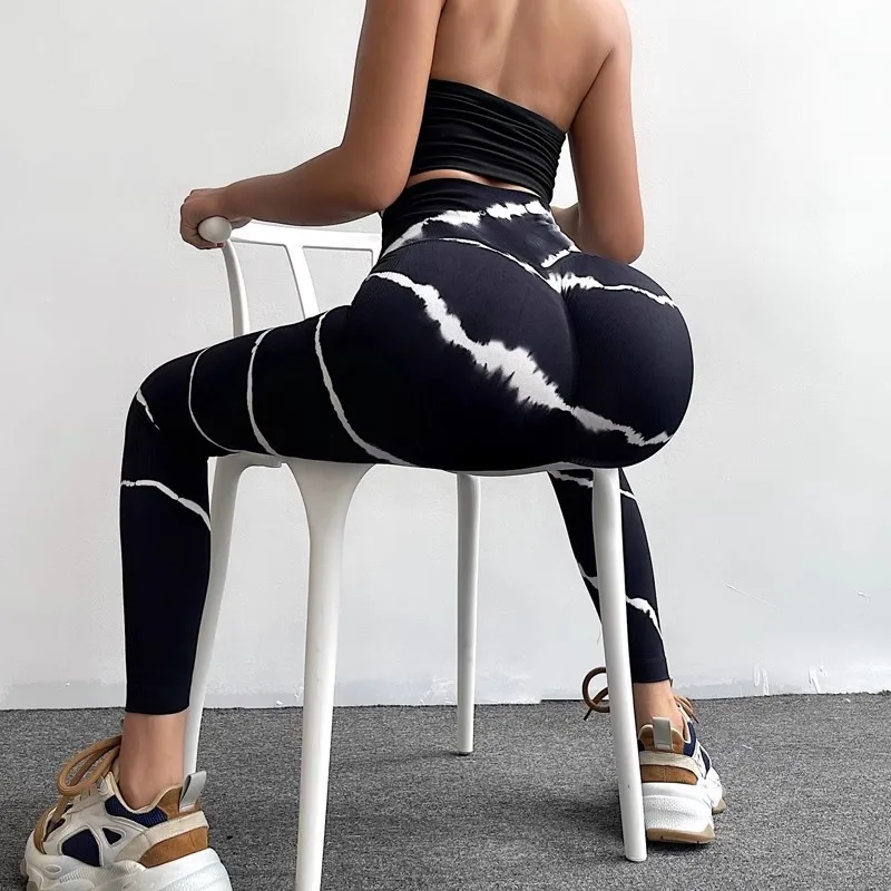 Leggings senza cuciture da donna palestra stampata a vita alta Fitness all'aperto pantaloni da Yoga controllo della pancia collant sportivi alla pesca tinti in cravatta elastica