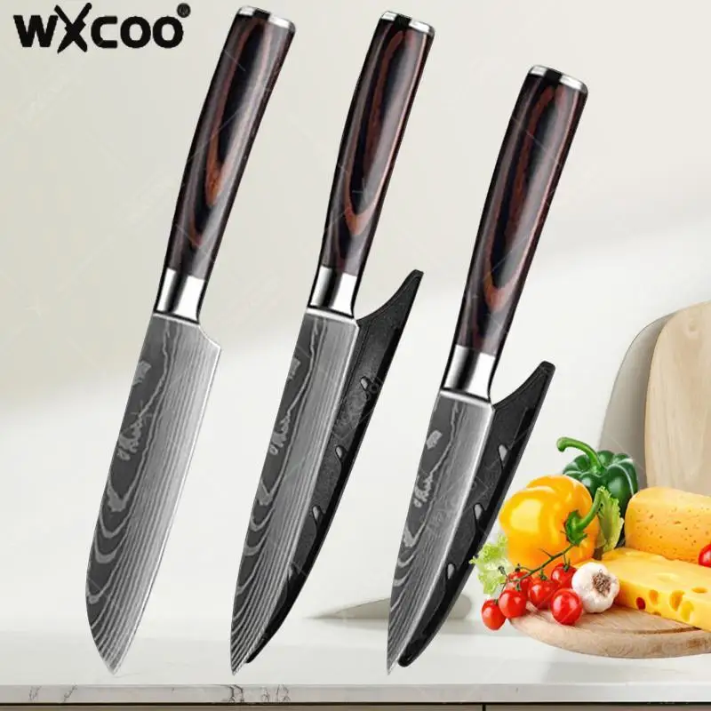 【セール中】WXCOO 1〜3本 キッチンナイフ 木製ハンドル キッチン用品 レーザーダマスカス 日本製 三徳包丁 肉切り包丁 スライス用 ユーティリティナイフ シェフナイフ
