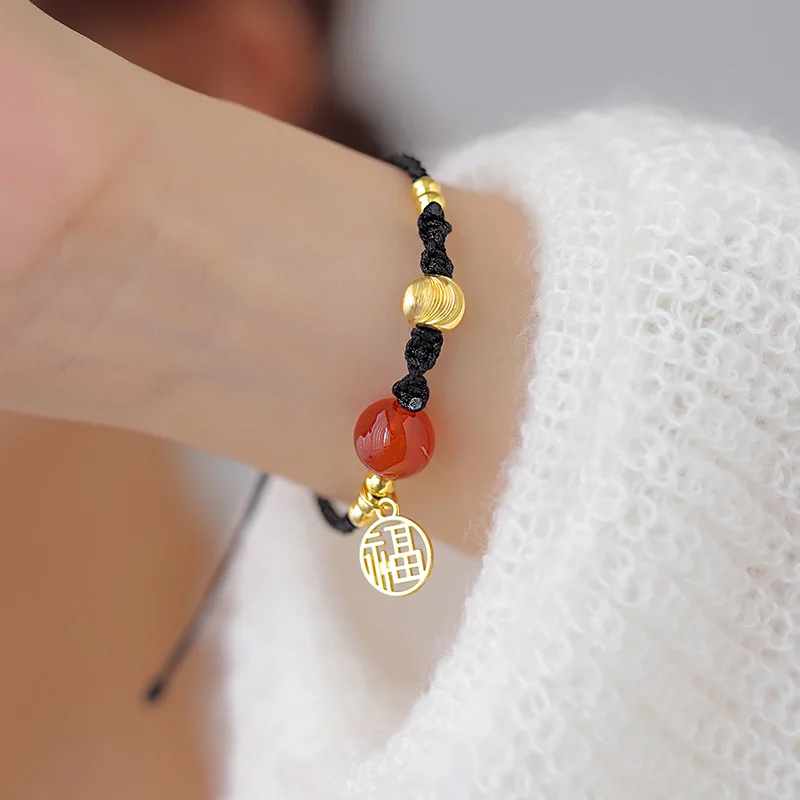 Ruifan Lucky Red Agate Chinese Characters Charm Black Rope Chain Braided Bracelets for Women Girls Fashion Jewelry Gifts YBR795