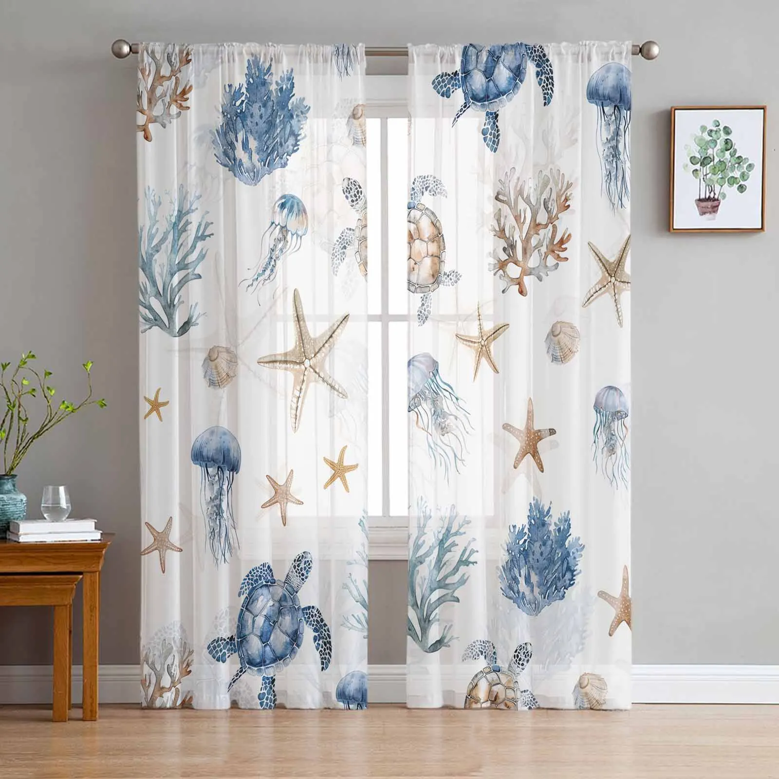 

Marine Creatures Turtles Starfish Corals Jellyfish Sheer Curtains for Living Room Modern Tulle Curtain Bedroom Voile Drapes