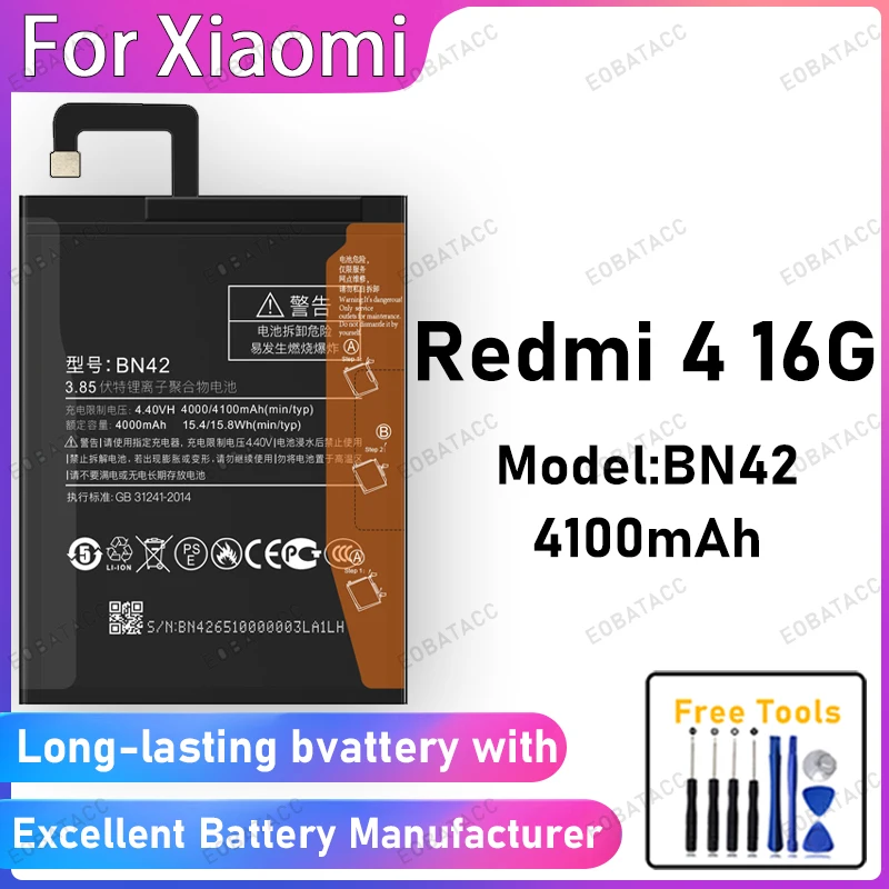 100% New 4100mAh BN42 Battery For XIAOMI Redmi 4 16G Battery Replacement Bateria+Free Tools