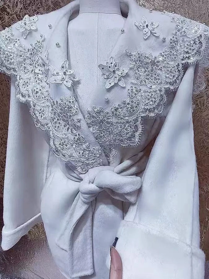 

Luxury Style Embroidery Sequin Peals Double-sided Woolen Coat Jacket Women's Long Sleeve Sim Fit Elegant Outwear Woolen Coat