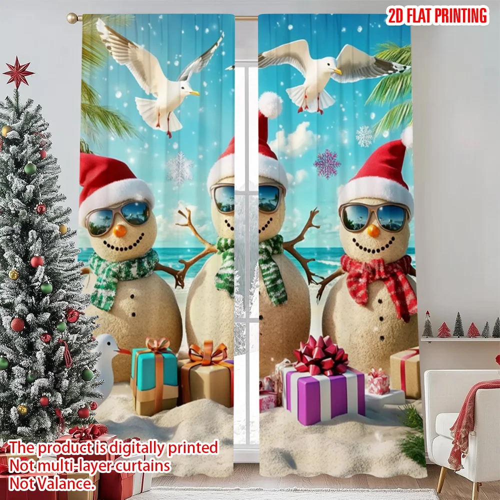 

2pcs 2D flat printing Merry Christmas Popular Curtain Tropical Beach Snowman Versatile Polyester Fabric Without Electricity