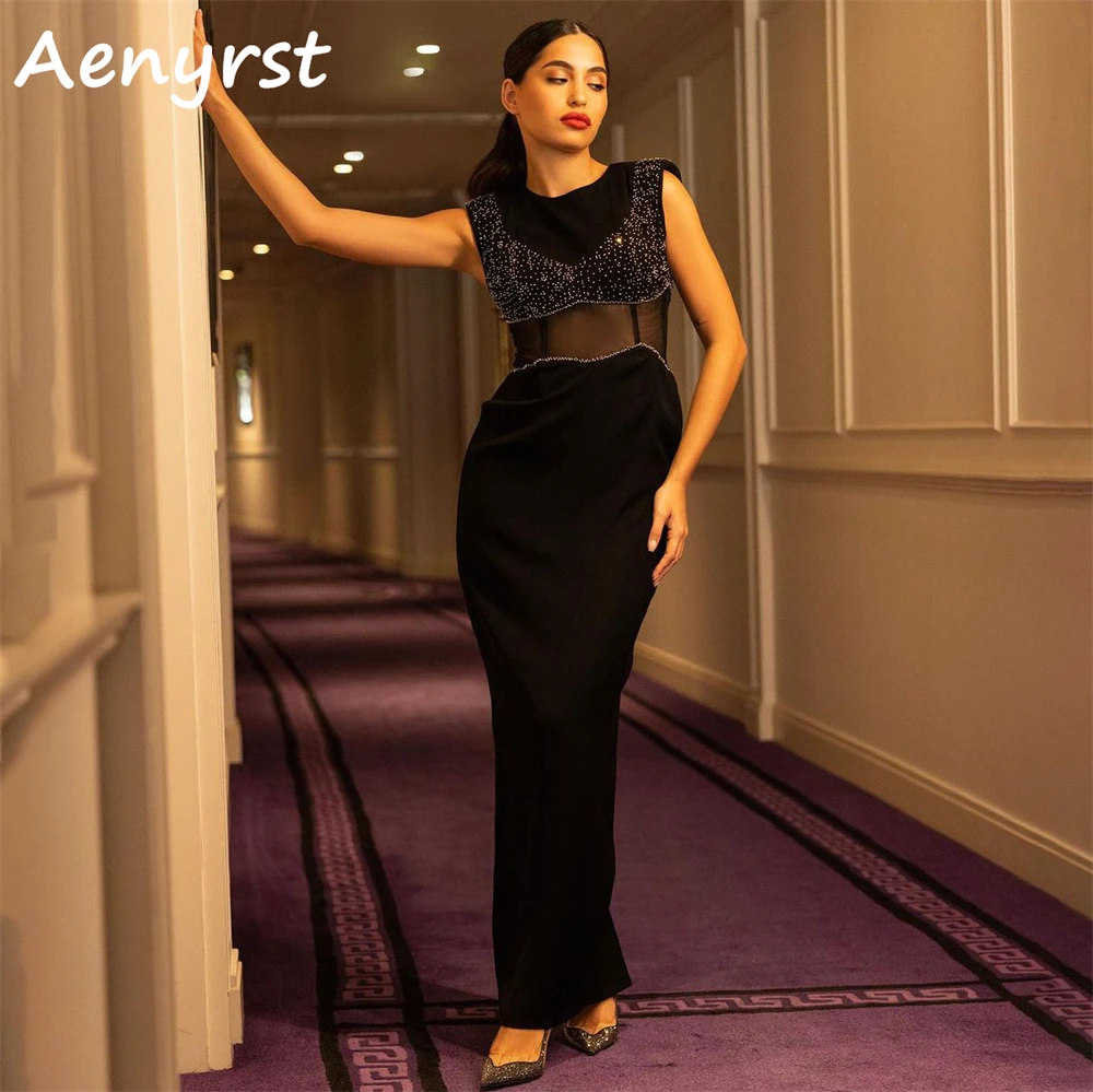 Aenyrst Black O-Neck Saudi Arabia Prom Dresses Mermaid Beading Sleeveless Evening Gowns Ankle Length Bodycon Party فساتين السهرة