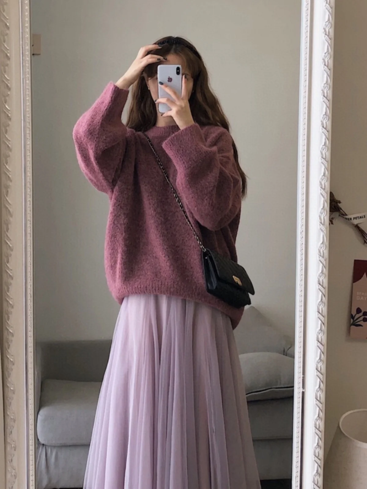

Faionable Korean Sle Long Sve Sweater High Waist Slimming Midi Skirt Two Piece Set Anti Aging Autumn Winter New Arrival