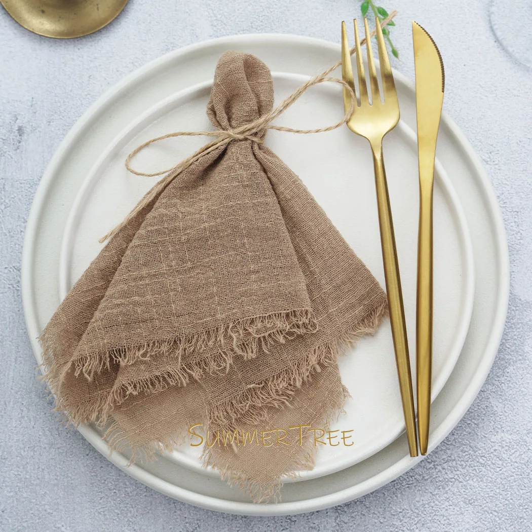 50pcs 32x32cm Khaki Brown Gauze Cotton Napkins Retro Burrs Napkin Cloth Vintage Wedding Party Christmas Table Decor Wholesale