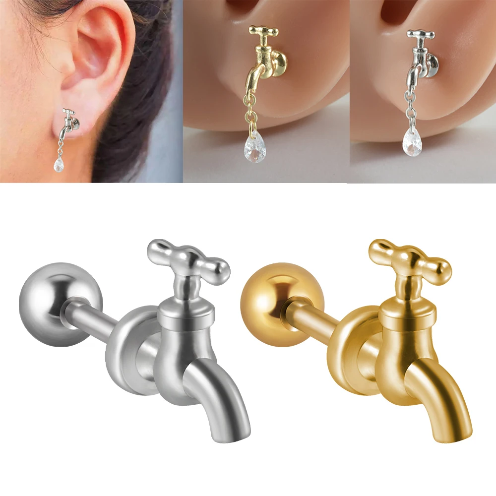 1PC Stainless Steel Faucet Stud Earrings Water Drop Zircon Pendant Ear Stud Cartilage Piercing Helix Daith Tragus Earrings