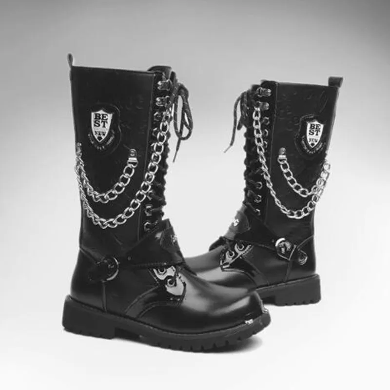 Luxury Men Motorcycle Boots Mid-calf Breathable Combat Boots Gothic Belt Punk Botas Hombre Shoes Hightop Casual Steel Toe Shoes view 5