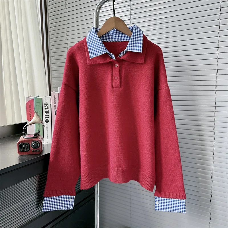 [EWQ] Preppy Style Fake 2 Piece Long Sleeve Polo Collar Knit Sweater All-match Casual Women Jumper 20242 Autumn New Tide 16O2531