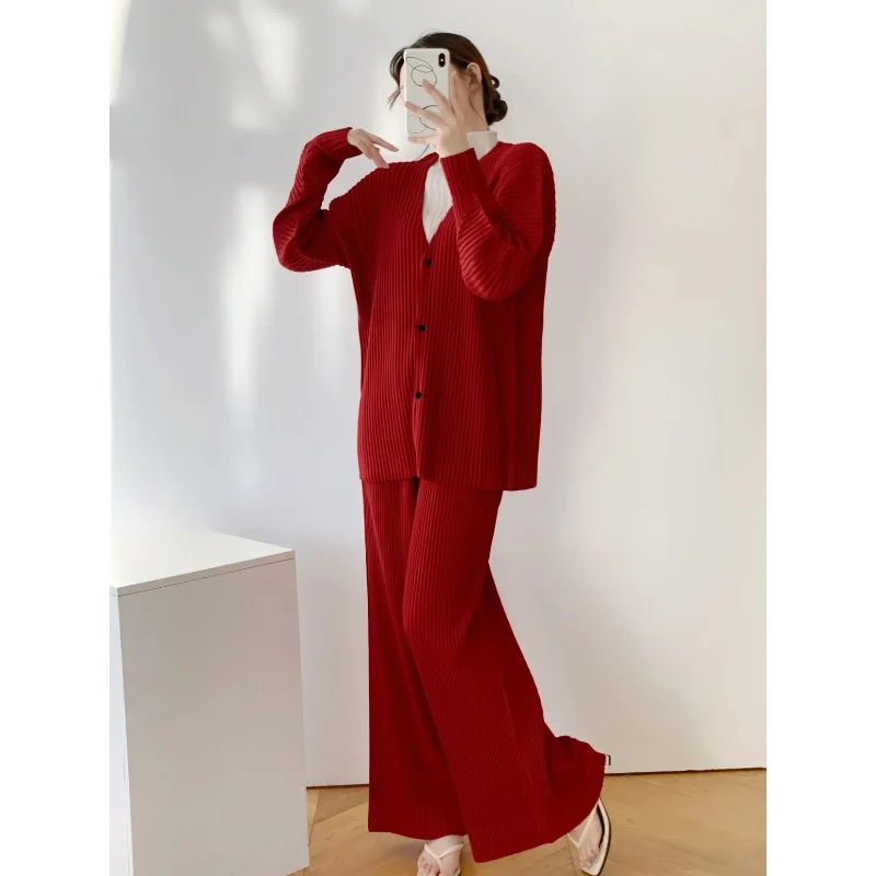 Miyake-Conjunto plisado para mujer, chaqueta informal de manga larga con cuello en V, pantalones de pierna ancha y pierna recta, conjunto de 2 piezas, ropa de talla grande para mujer