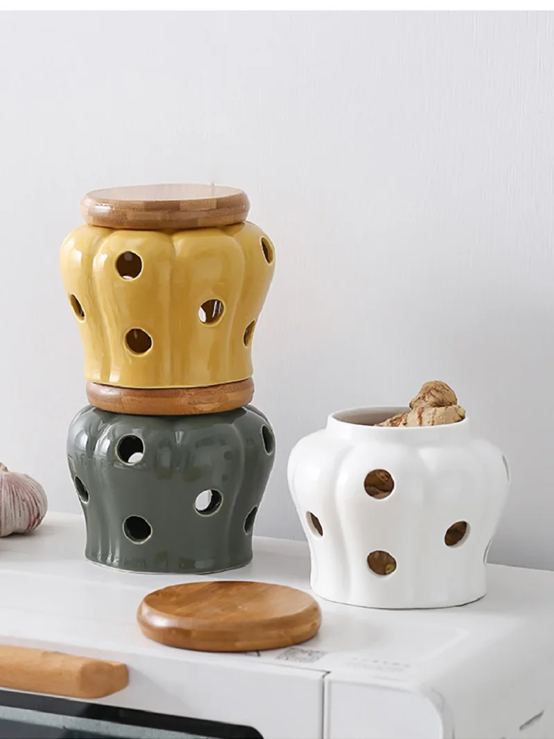 Creative Ceramic Garlic Storage Jar Hollow Storage Tank Garlic Chili Ginger Storage Box Moisture Proof Anti-mold Containers