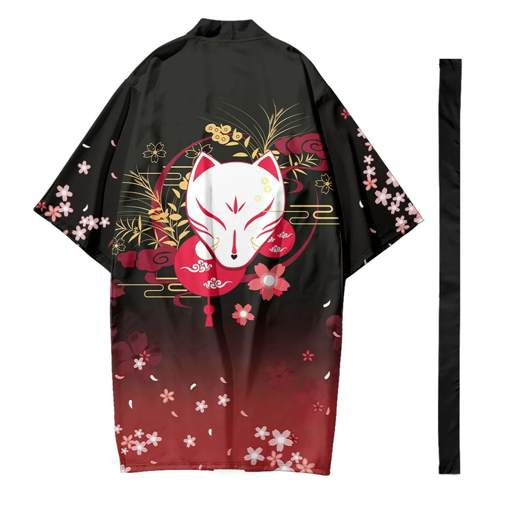 

Men's Japanese Long Kimono Cardigan Men's Samurai Costume Kimono Fox Print Kimono Shirt Yukata Outer Cover