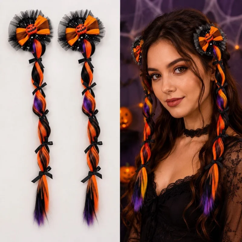 Halloween wig, braid, color blocking, versatile hair tie, headband, funny cosplay, double ponytail outfit, rubber band hair acce