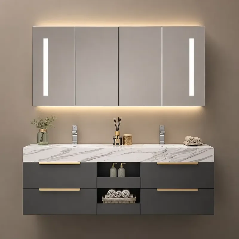 Customizable Color Rectangle Plywood Modern Ceramic Bathroom Vanity Double Sink Water Resistant Wall-Mounted Cabinet for