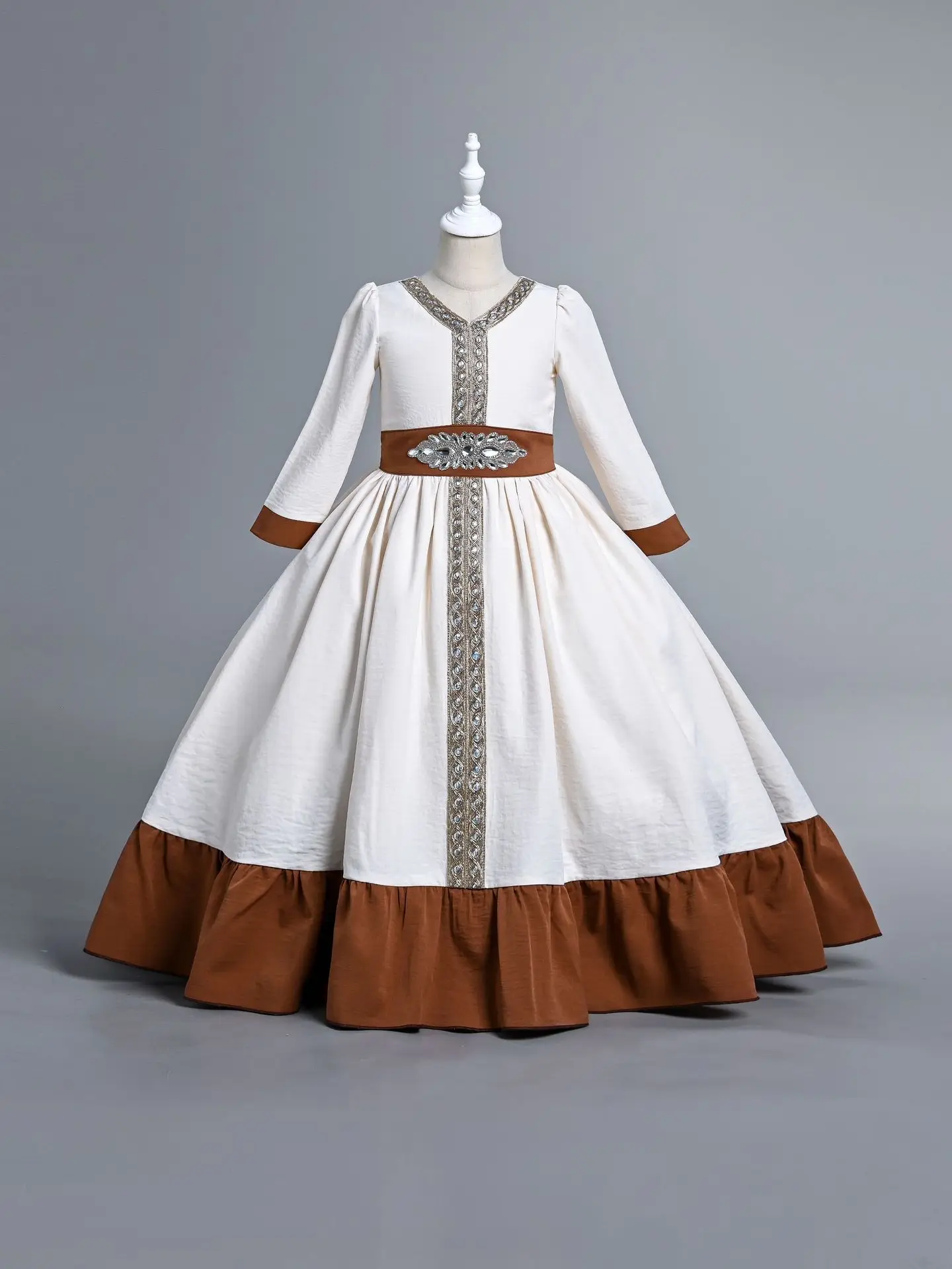 

HETISO праздничные платья для девочек, белый детский элегантный праздничный национальный костюм, винтажное детское платье с длинными рукавами и поясом с кристаллами