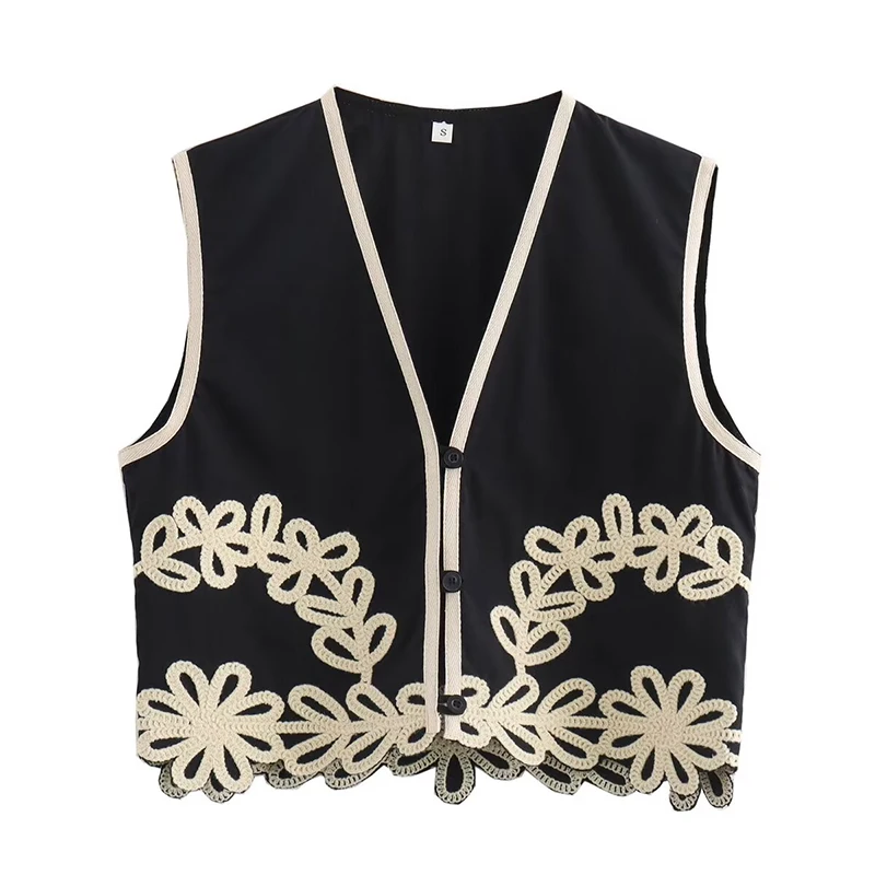 

YENKYE Summer Women Floral Embroidery Black Crop Vest Sleeveless V Neck Female High Street Waistcoat Chic Tops ropa de muje