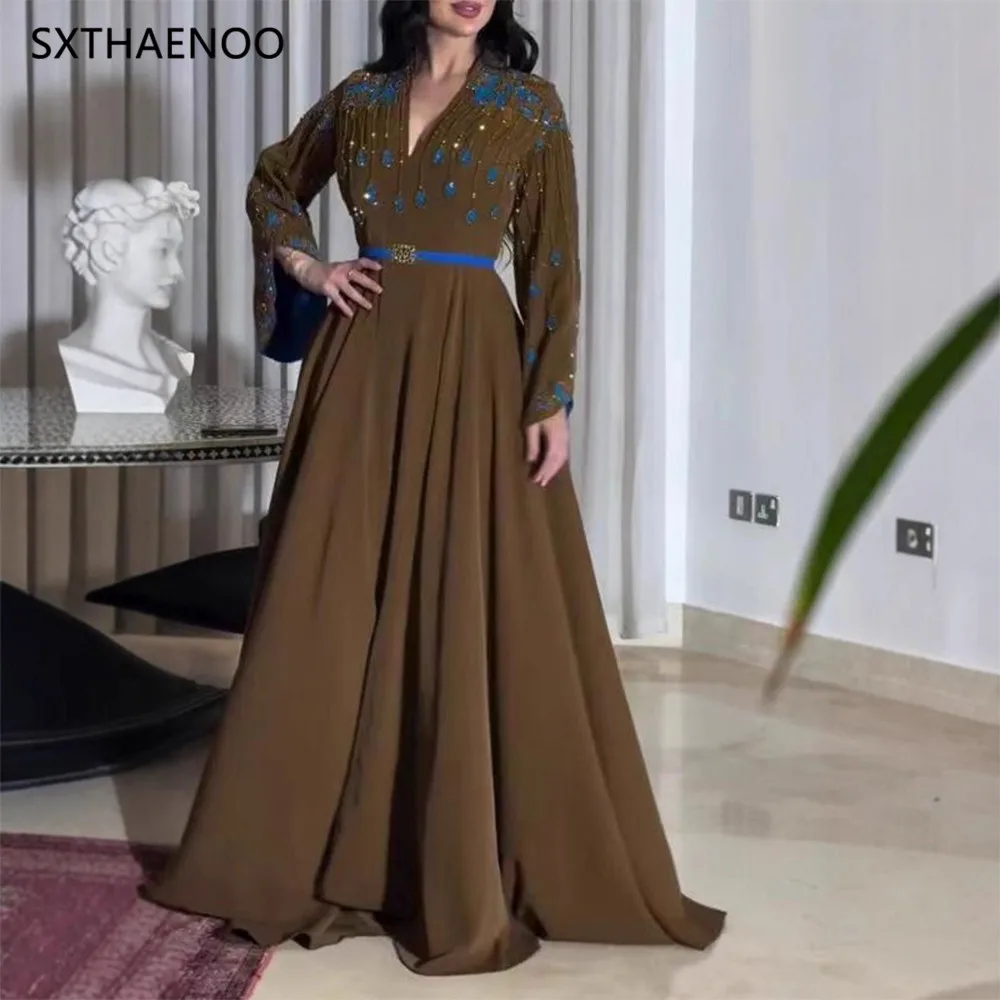 

SXTHAENOO Casual Slim Fit Commuter Dress Elegant Loop Deep V Design Long Dress Women's Fashion O-neck Draped Brown Party Dress