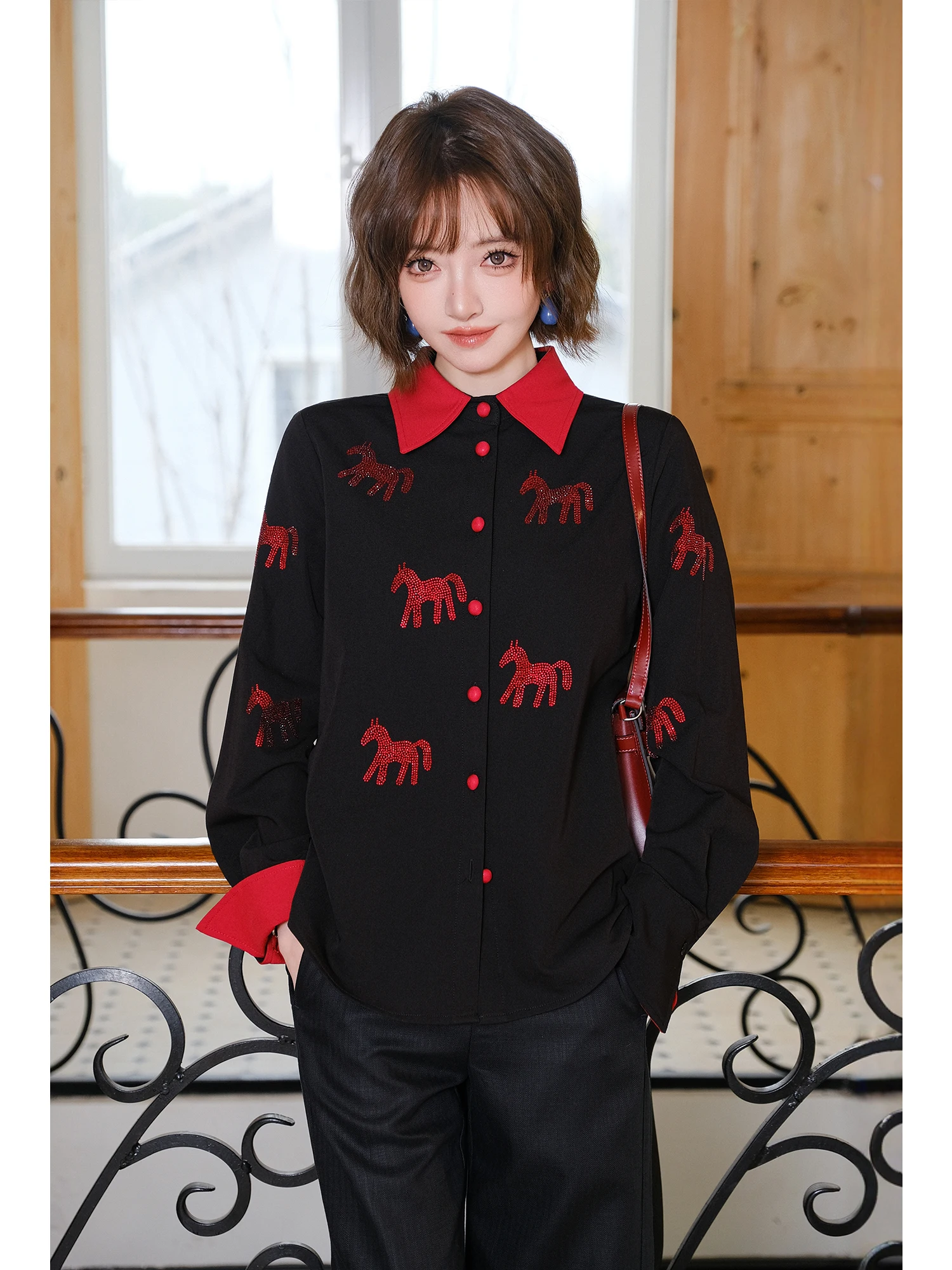 

Red Rhinestone Long Sve irt Women's High-End Sensation New Year's Faionable Busin Casual Straight Cut irt