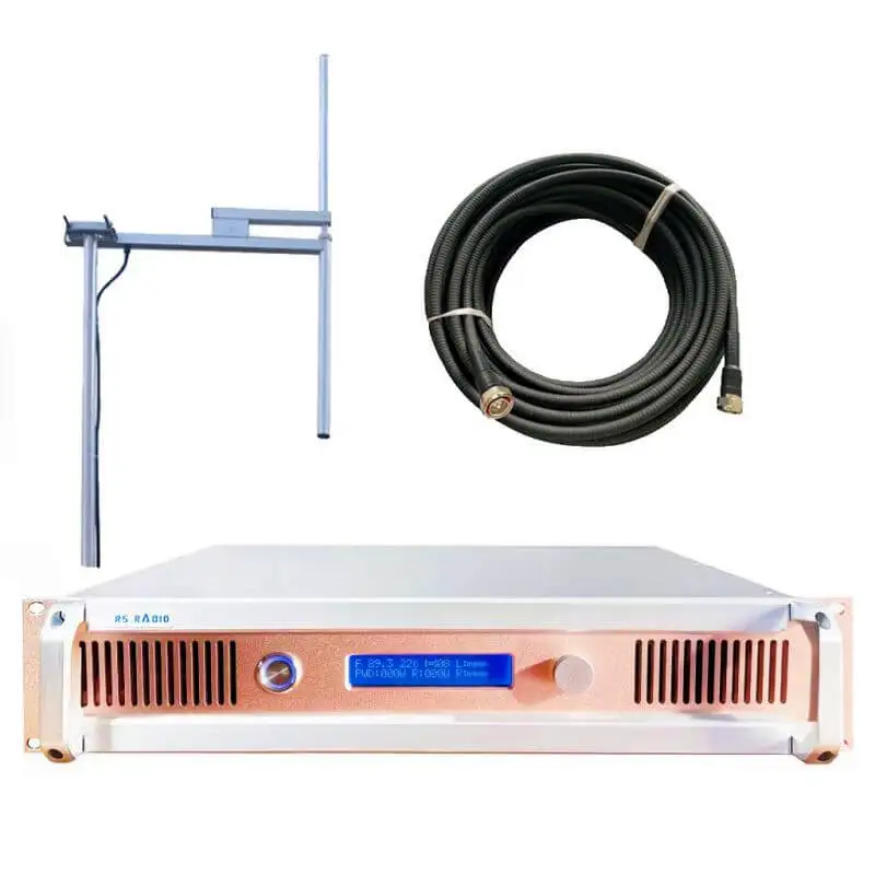 1KW FM transmitter + 1-bay dipole antenna + 30 m cable with connectors Long Range FM Transmitter Broadcast for radio station