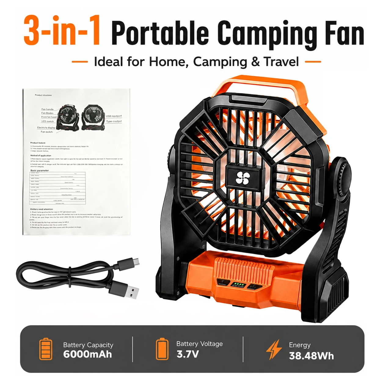 손잡이가 있는 휴대용 캠핑 팬, 3단 속도, 3단계 L - Outdoor Camping Misting Fan 리뷰 및 가격