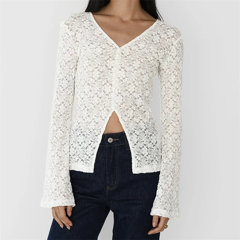 Women's Sexy Flare Sleeve V Neck Lace Top Summer Blouse See-through Beach Blusa Lace Bikini Cover Up Swimsuit Sunscreen Cape