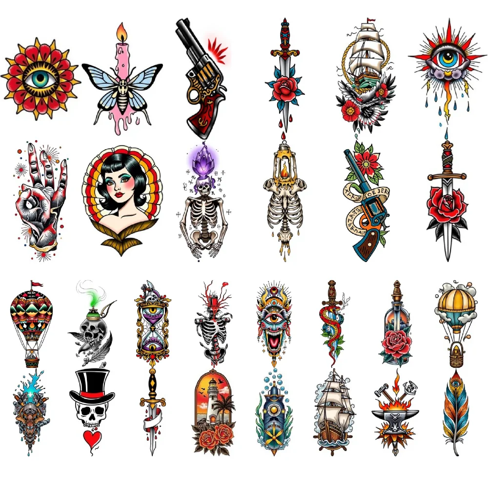 28 قطعة وشم مؤقت للمدرسة الجديدة الساعة الرملية التقليدية مع عيون منطاد الهواء الساخن فراشة وشمعة للنساء البالغات