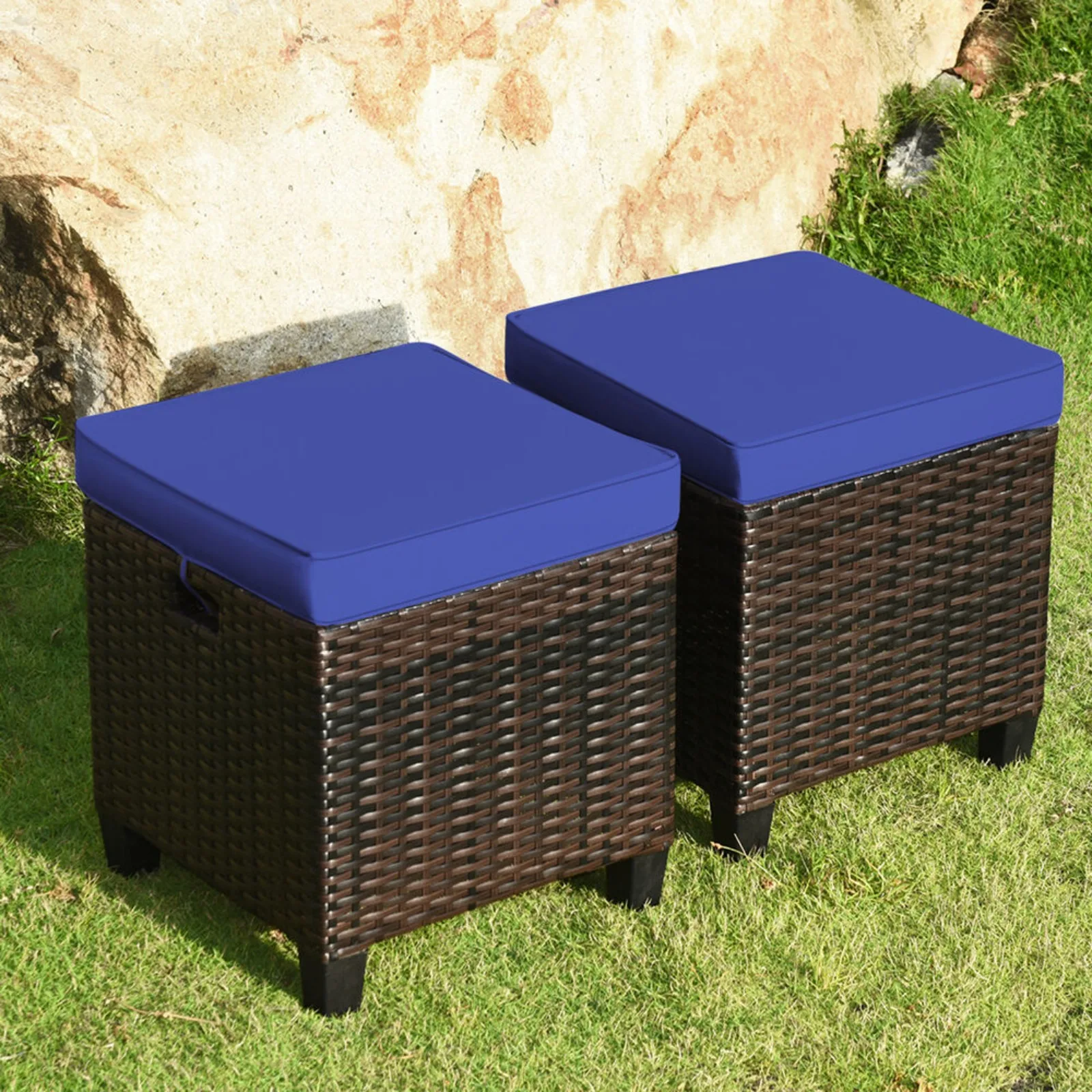 

US Set of 2 Patio Rattan Ottoman Footrest Garden Outdoor w/ Navy Cushion