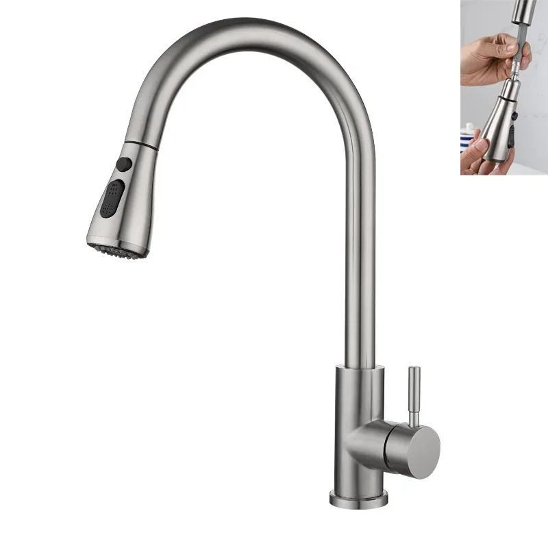 

Kitchen Extendable Faucets 304 Stainless Steel Pull Out Kitchen Sink Water Tap Deck Mounted Mixer Stream Sprayer Hot Cold Taps