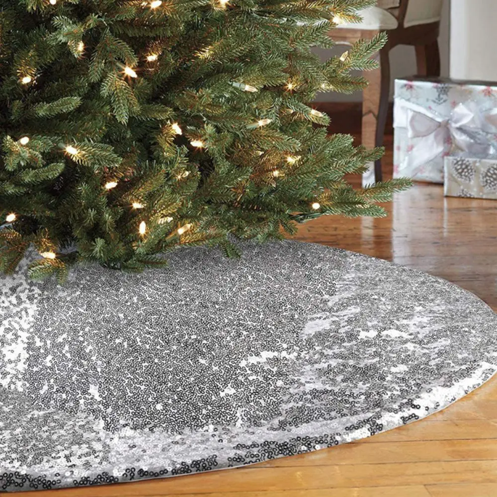 Glitter Sequins Christmas Tree Skirts 60/90/120cm Large Size Christmas Tree Mat Round Polyester Xmas Tree Foot Cover Birthday