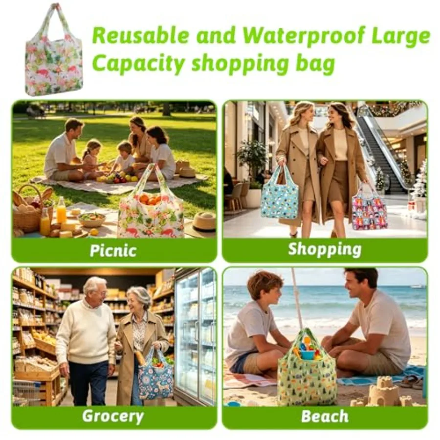 Reusable Grocery Shopping Bags 6 10 Pack, Foldable Tote Bags, Machine Washable Nylon Shopping Totes for Groceries