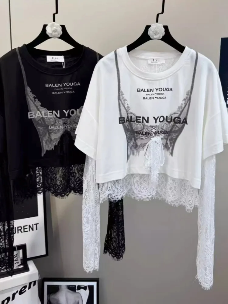 Sexy Lace Fake Two Piece Pullover Shirts Corset Pattern Graphic T-shirts Loose Punk Goth Y2K Crop Tops Young Women Sweet Casual