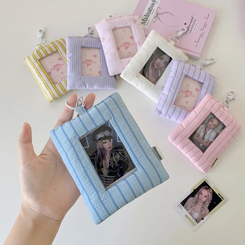 

Ins Fashion Korean Heart Stripe Card Holder Cute Girl Idol 3-Inch Photo Storage Album Student Backpack Pendant Card Clip Gifts