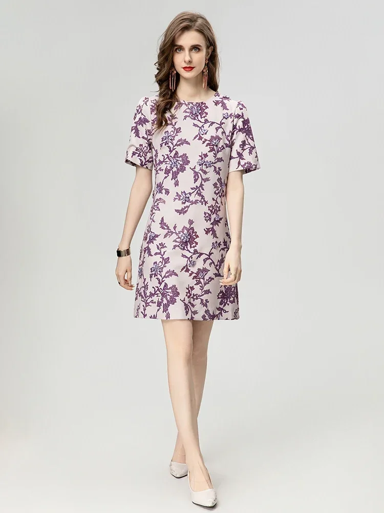 

2024 Summer Fashion Designer Women's Dresses O-Neck Printing Floral Office Lady Empire A-Line Elegant Dress