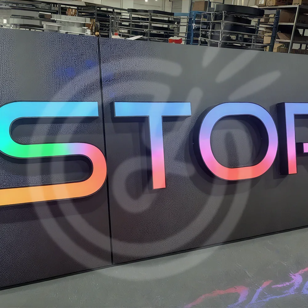 مخصص كامل اللون رسائل تسجيل RGB المعادن لافتة النيون Led أضواء الإعلان مضيئة ثلاثية الأبعاد الاكريليك لافتات شعار الأعمال الجدار