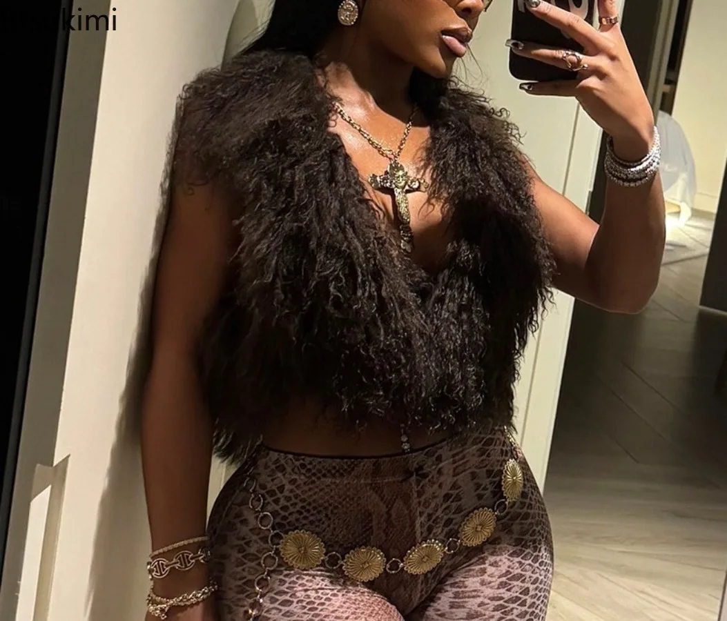 New Sexy Brown Faux Fur Waistcoat Women Furry Backless Bandage Halter Crop Vests Coats Fashion Warm Outerwear Y2K Streetwear