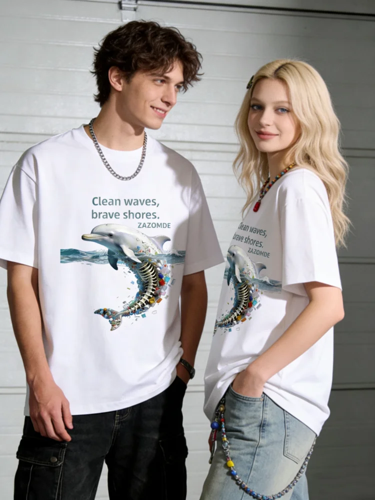 ZAZOMDE 2026 Eco Friendly Dolphin Print  Cotton Short Sleeve T Shirt For Men Women Big Size Comfortable Casual Wear Tee Tops