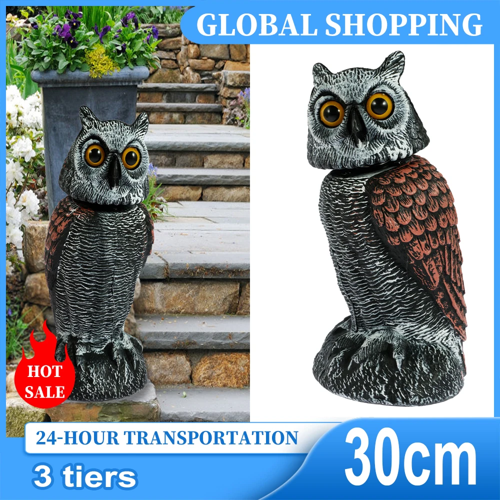 Fake Owl Decoy Plastic Owl Scarecrow Sculpture with 360° Rotating Head and Sound for Garden Yard Bird Repellent Outdoor