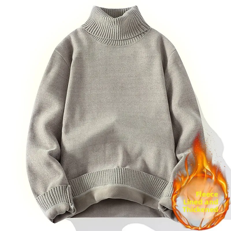 

Мужской утепленный вязаный свитер с высоким воротом на флисовой подкладке, зимний теплый базовый слой, повседневный простой стиль, полиэстер