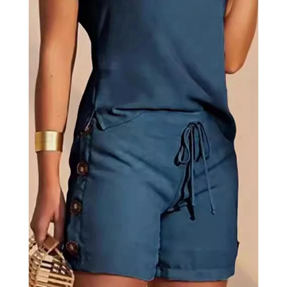 Women Buttoned Short Sleeve V-Neck Top & Drawstring Shorts Sets Women 2 Pieces Casual Two Pieces Set Summer Outfits Clothing