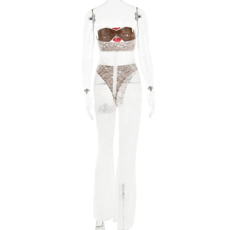 3D Flower Lace See Through Sexy Hollow Out Jumpsuit Women 2023 Autumn Sleeveless Strapless Bra High Waist Wid-leg Pants Clubwear